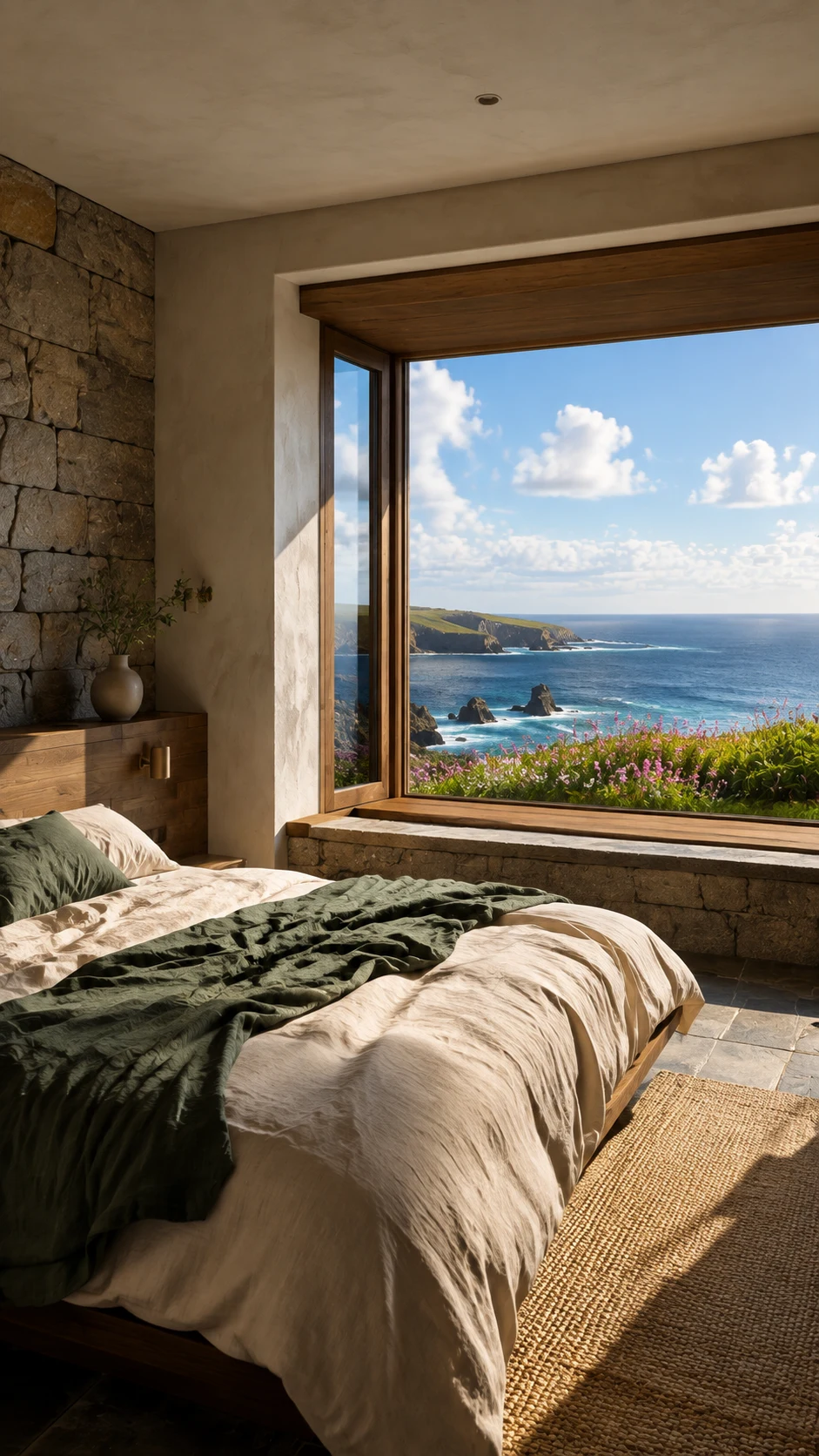 Linen bedroom with Atlantic window view