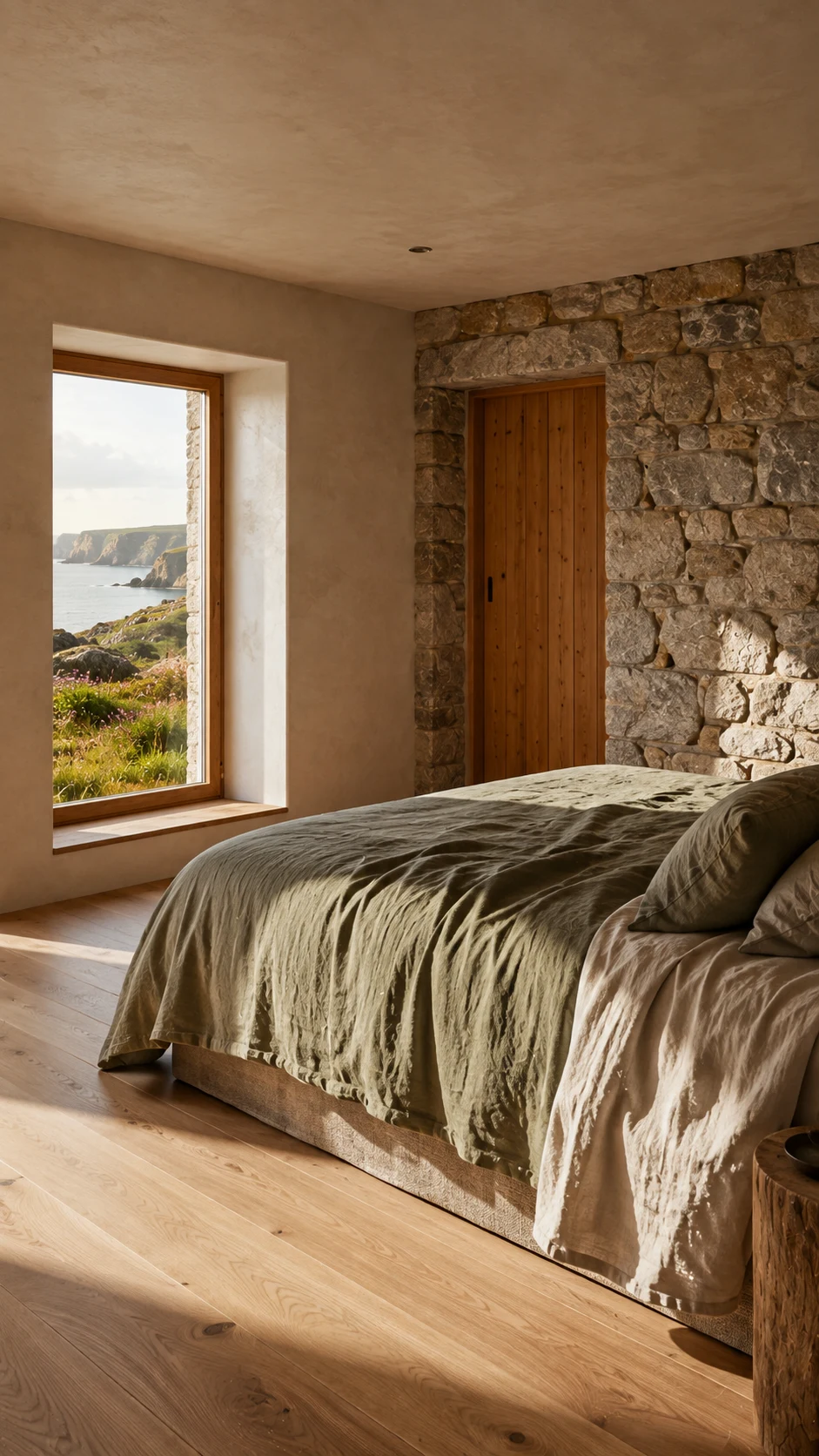 Linen bedroom with oak window opening