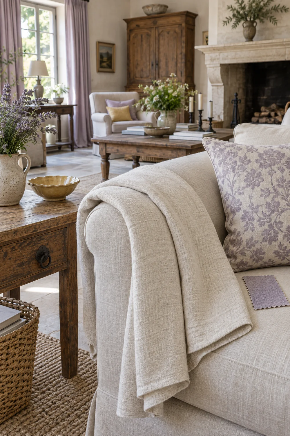Linen sofa cover and lavender fabric sample in a French country family room