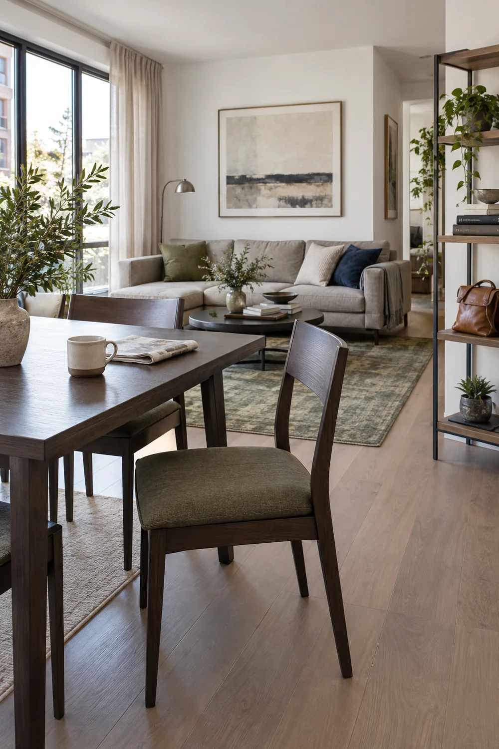 Lived in apartment dining table with a cup and newspaper beside the sofa