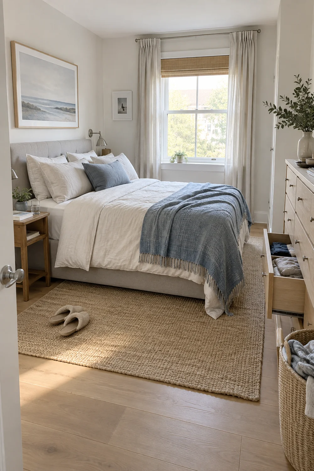 Lived in shared bedroom with shoes and storage near the bed