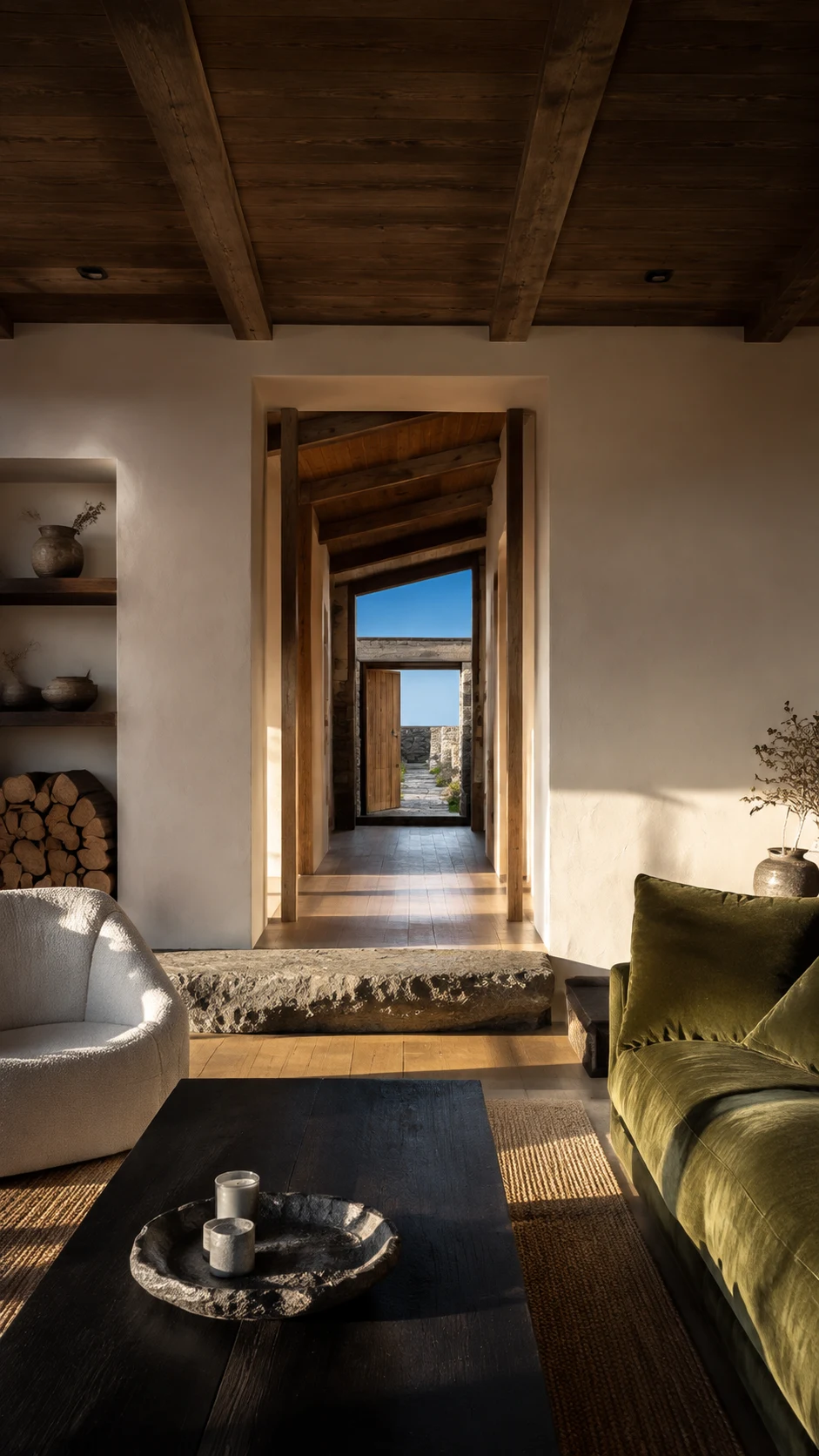 Living room and granite hearth facing the sea