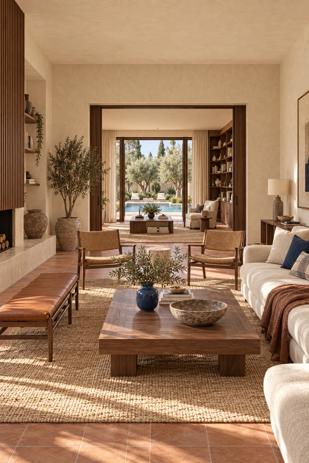 Living room looking through the library toward the planted south garden