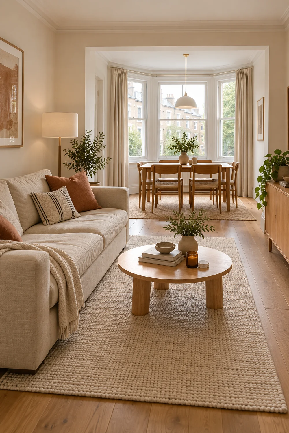 Living room sofa and dining table with separate floor routes