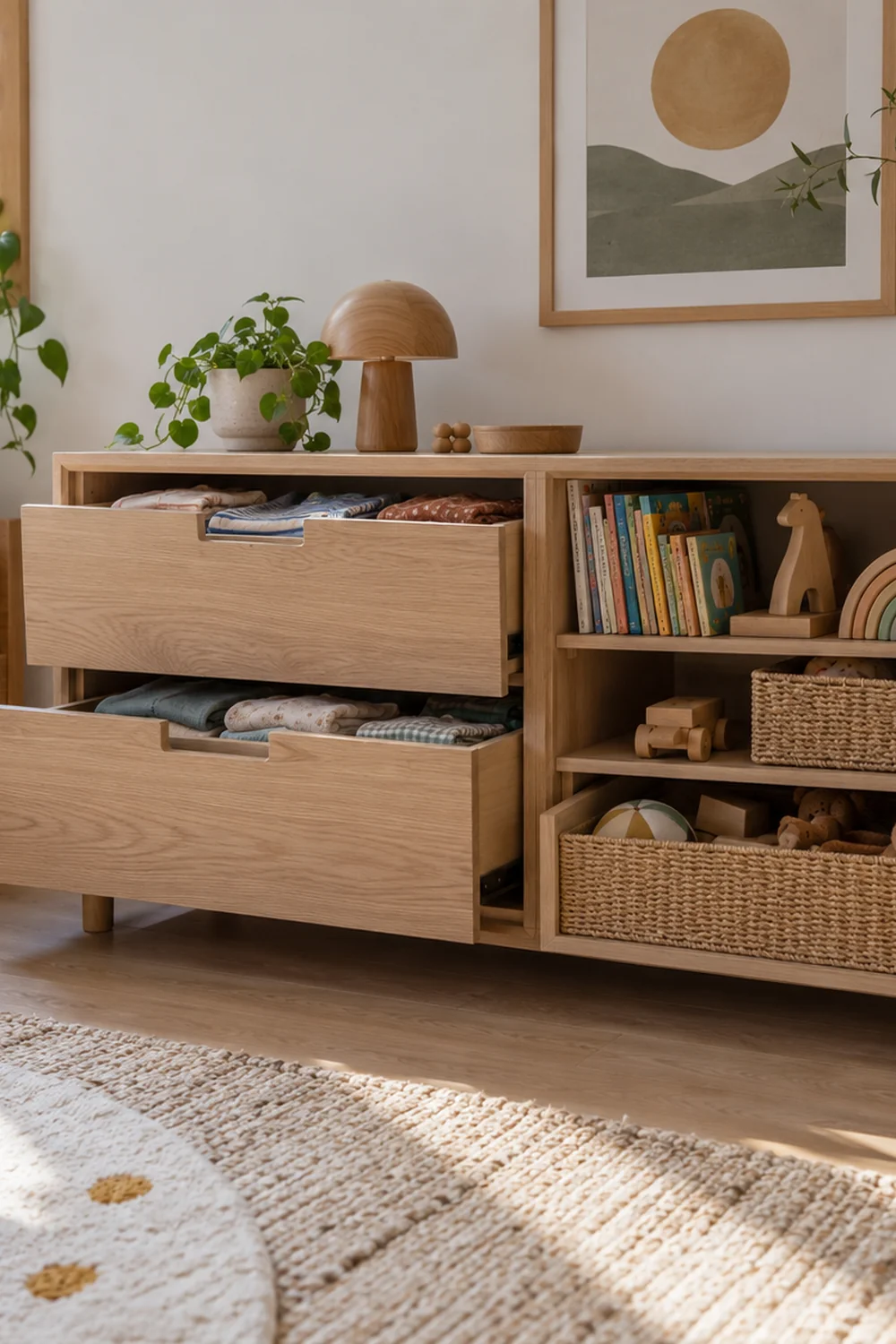 Low cabinet offers two children separate reachable drawers