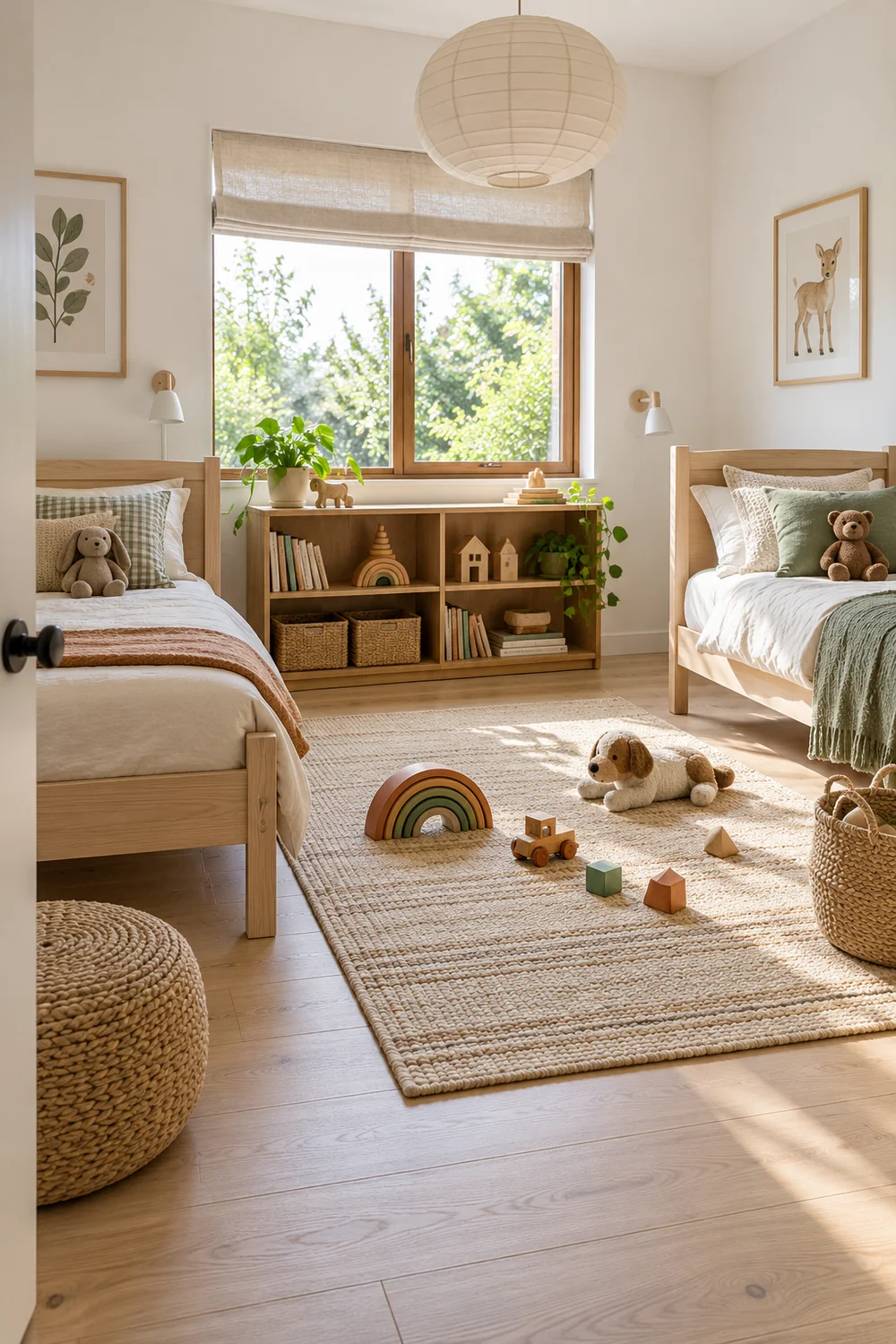 Low pile woven rug defines shared play space