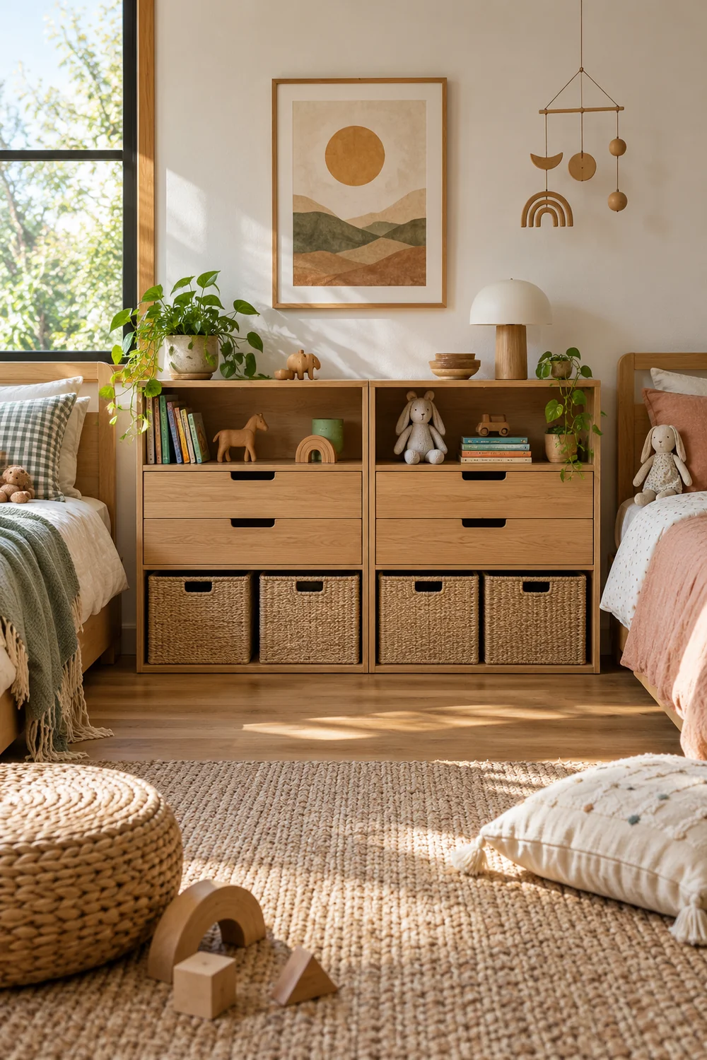 Low shared cabinet gives each child reachable storage