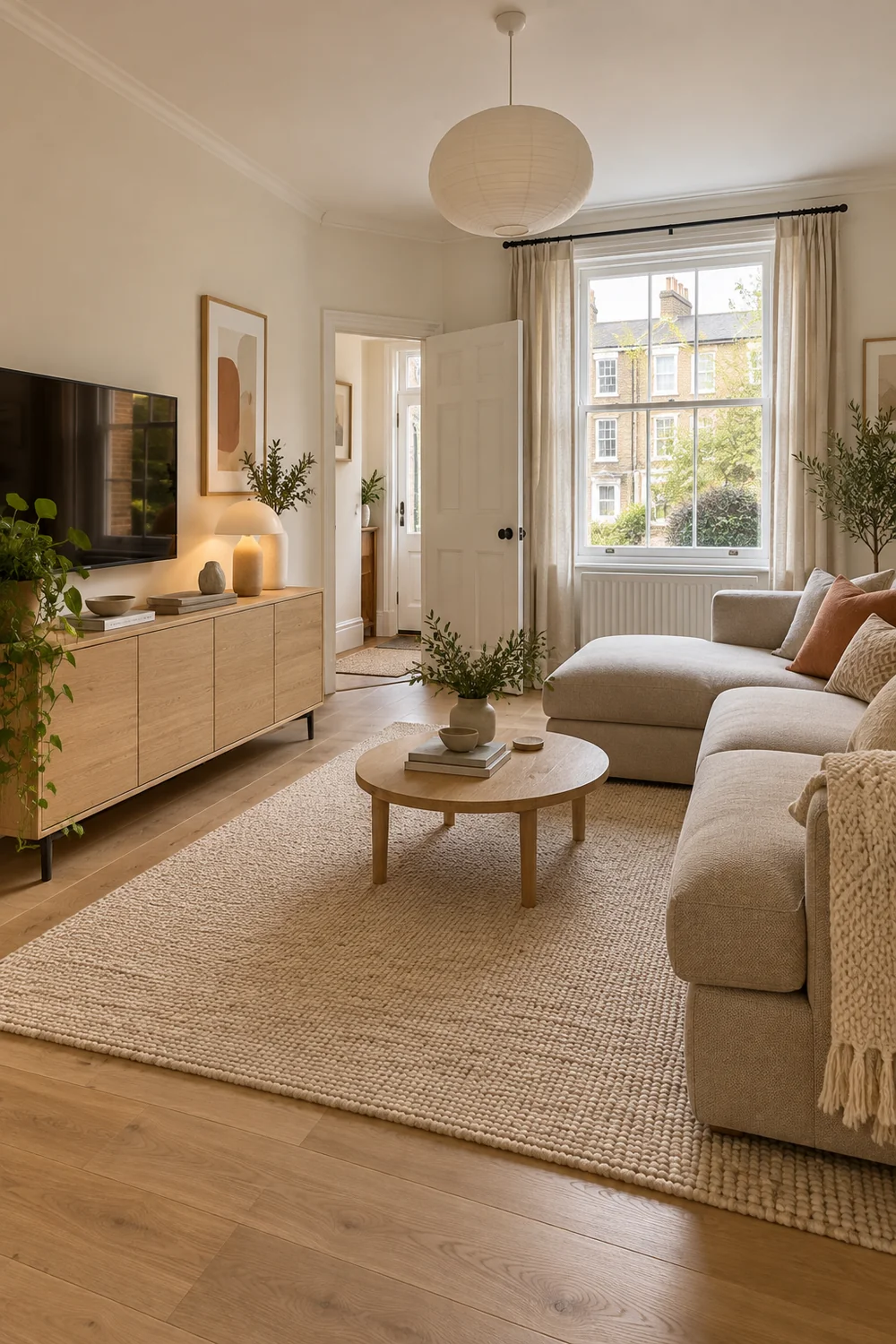 Low storage cabinet across from a sofa in a rental room
