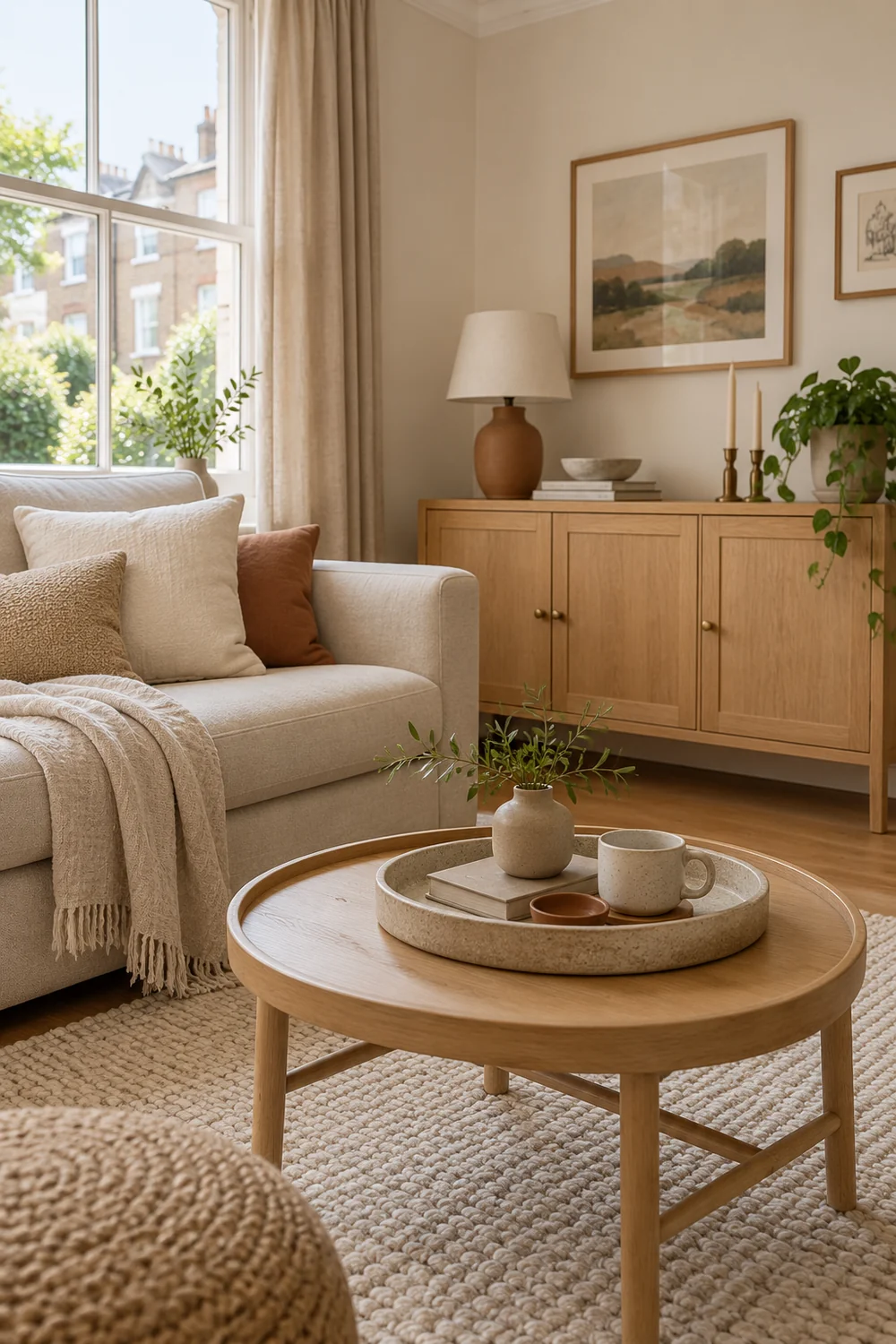 Low storage cabinet and portable tray beside a sofa