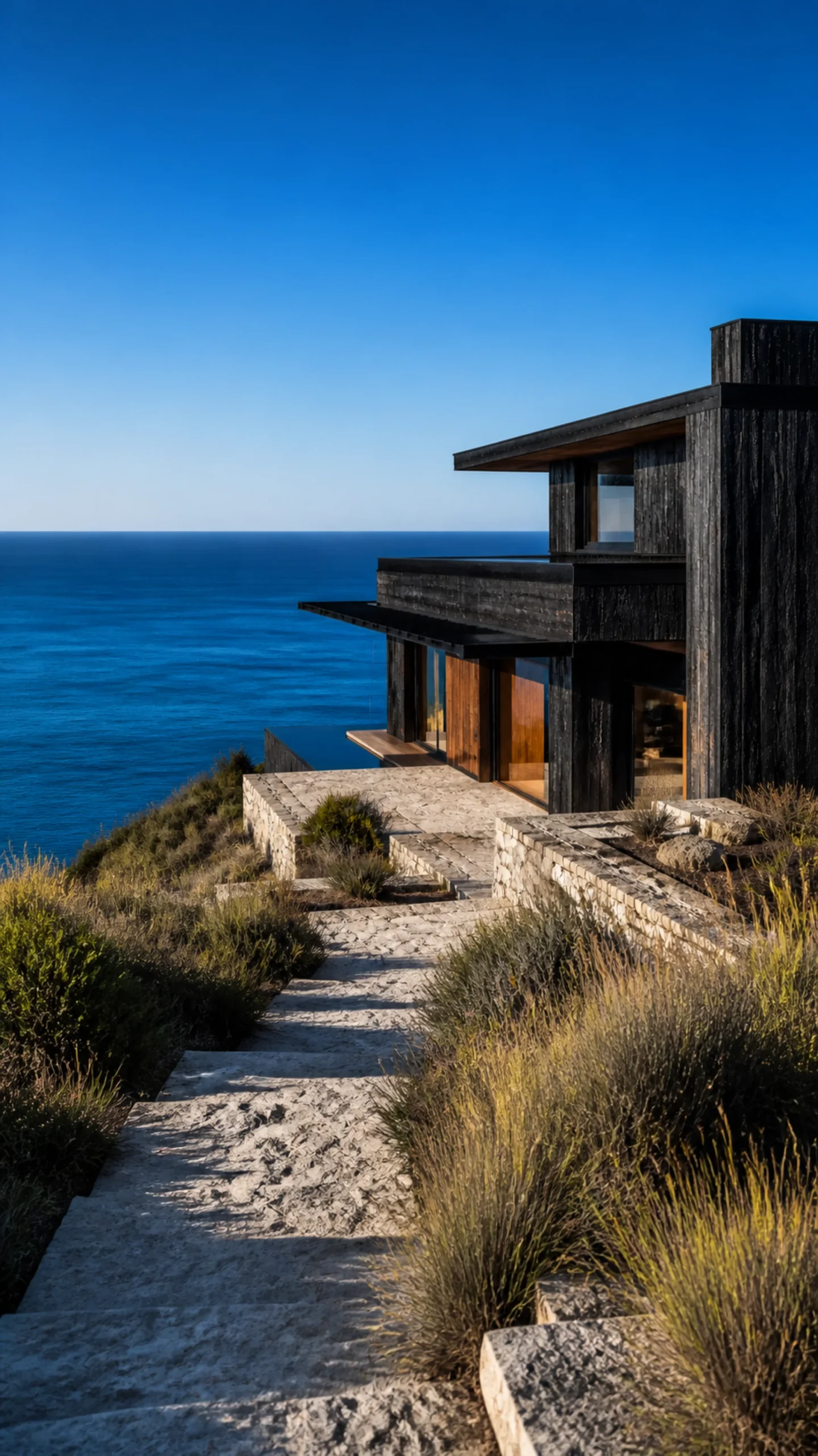 Lower limestone path through dry coastal planting toward the wide blue sea An original fictional editorial architecture study of material landscape light and spatial atmosphere on.