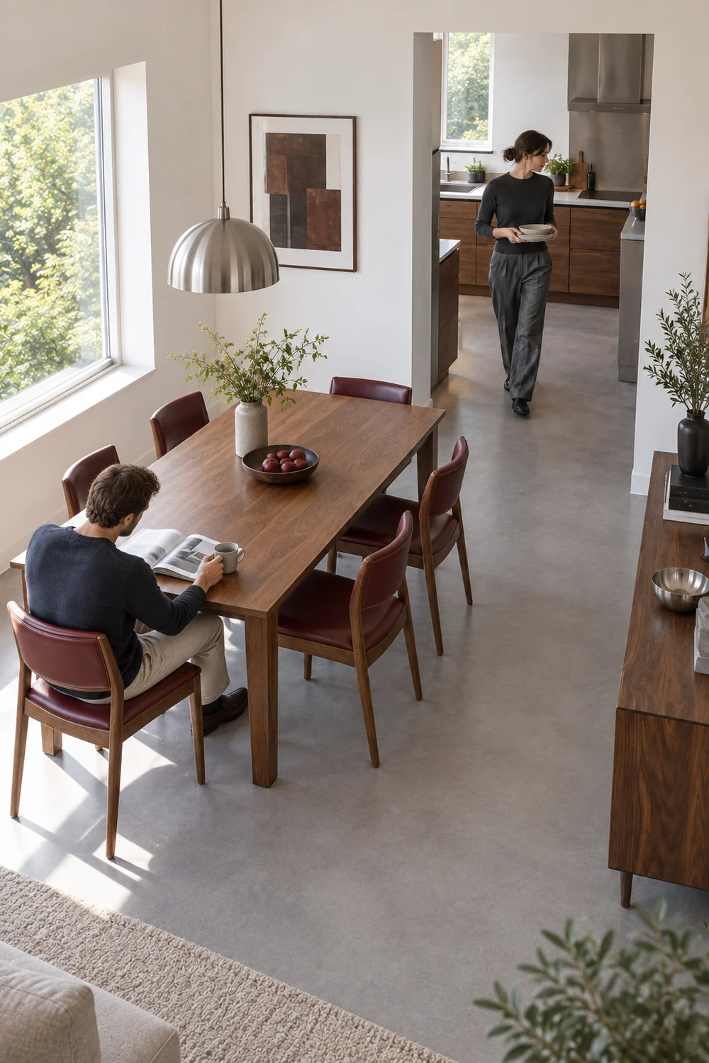 Man seated at a walnut dining table while a woman walks through the kitchen doorway