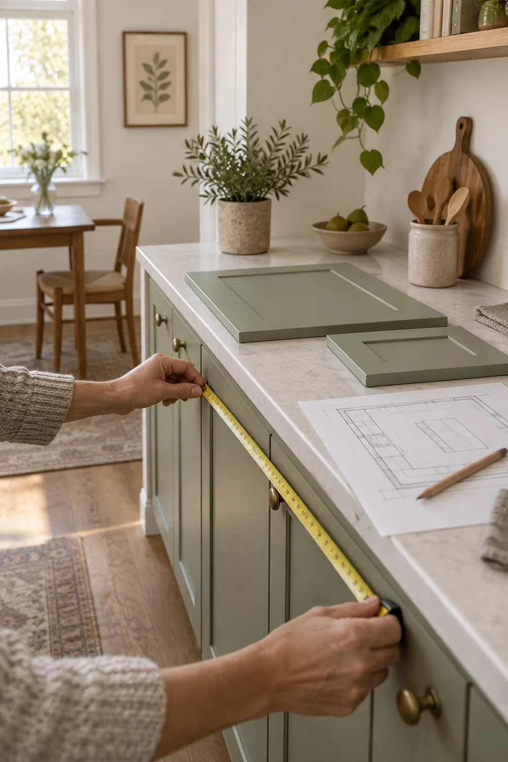 Measured compact kitchen with paper plan and sage cabinet samples