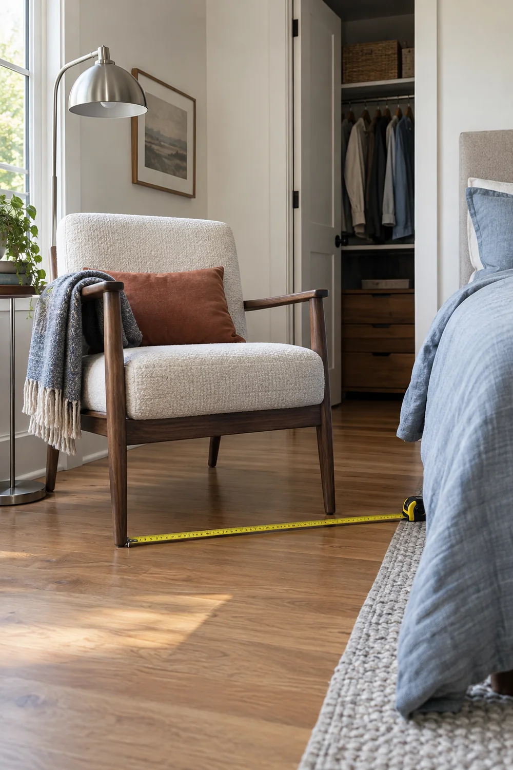 Measuring tape stretched between a reading chair and a small bedroom bed