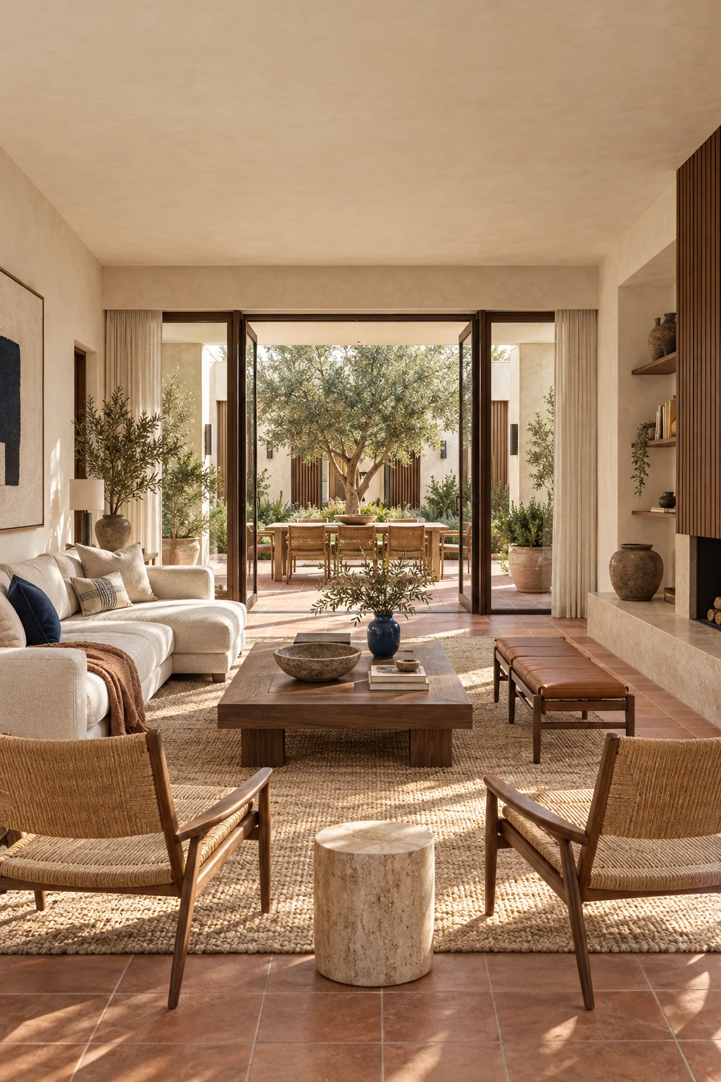 Mid century living room with lime plaster walls, timber framed glazing and a direct view into the courtyard