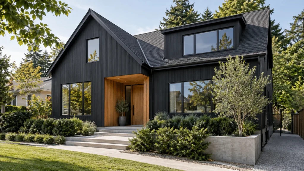 Modern black house with a cedar recessed entrance, charcoal roof and green planting in daylight