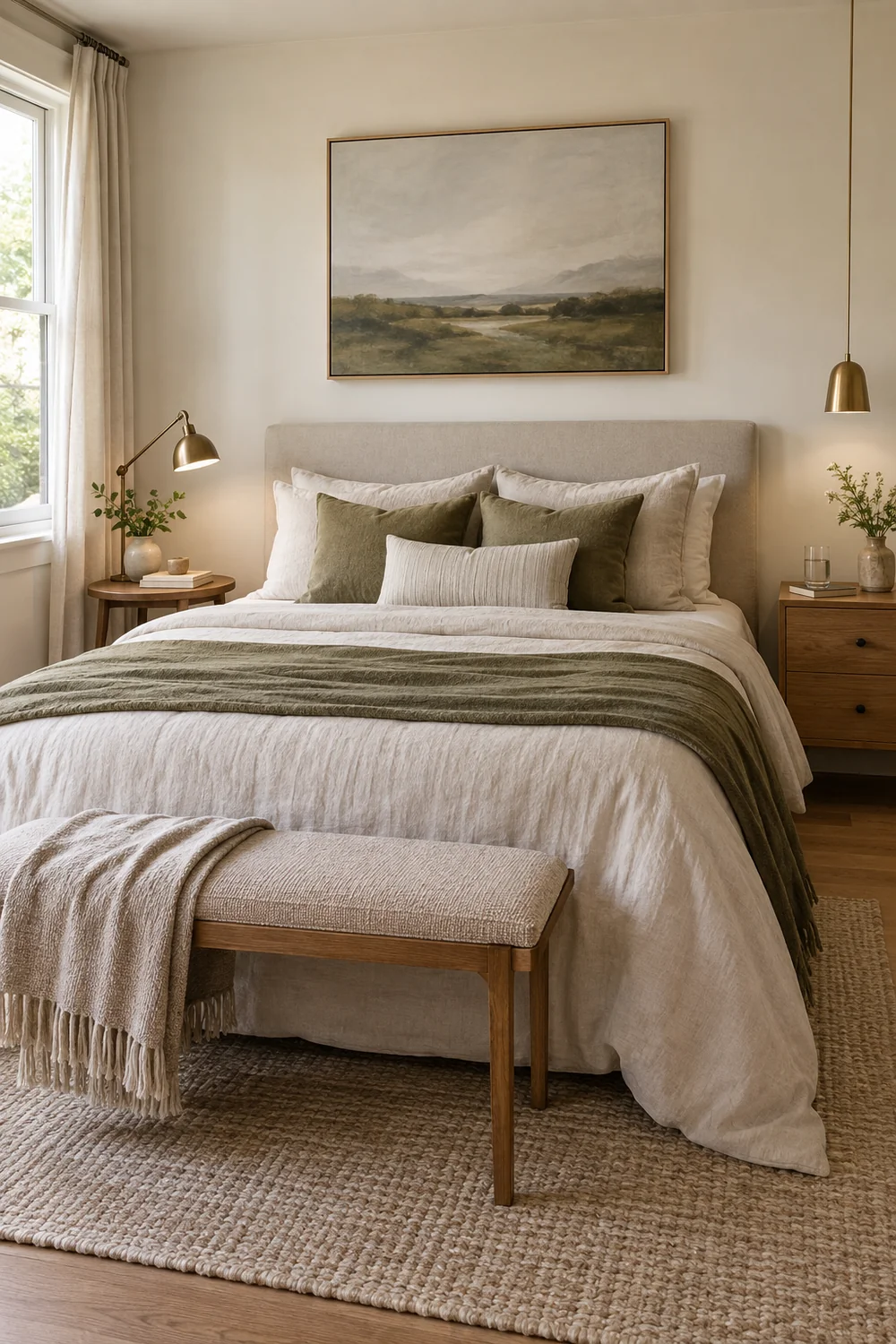 Modern upholstered bed with separate bedside lights and oak tables