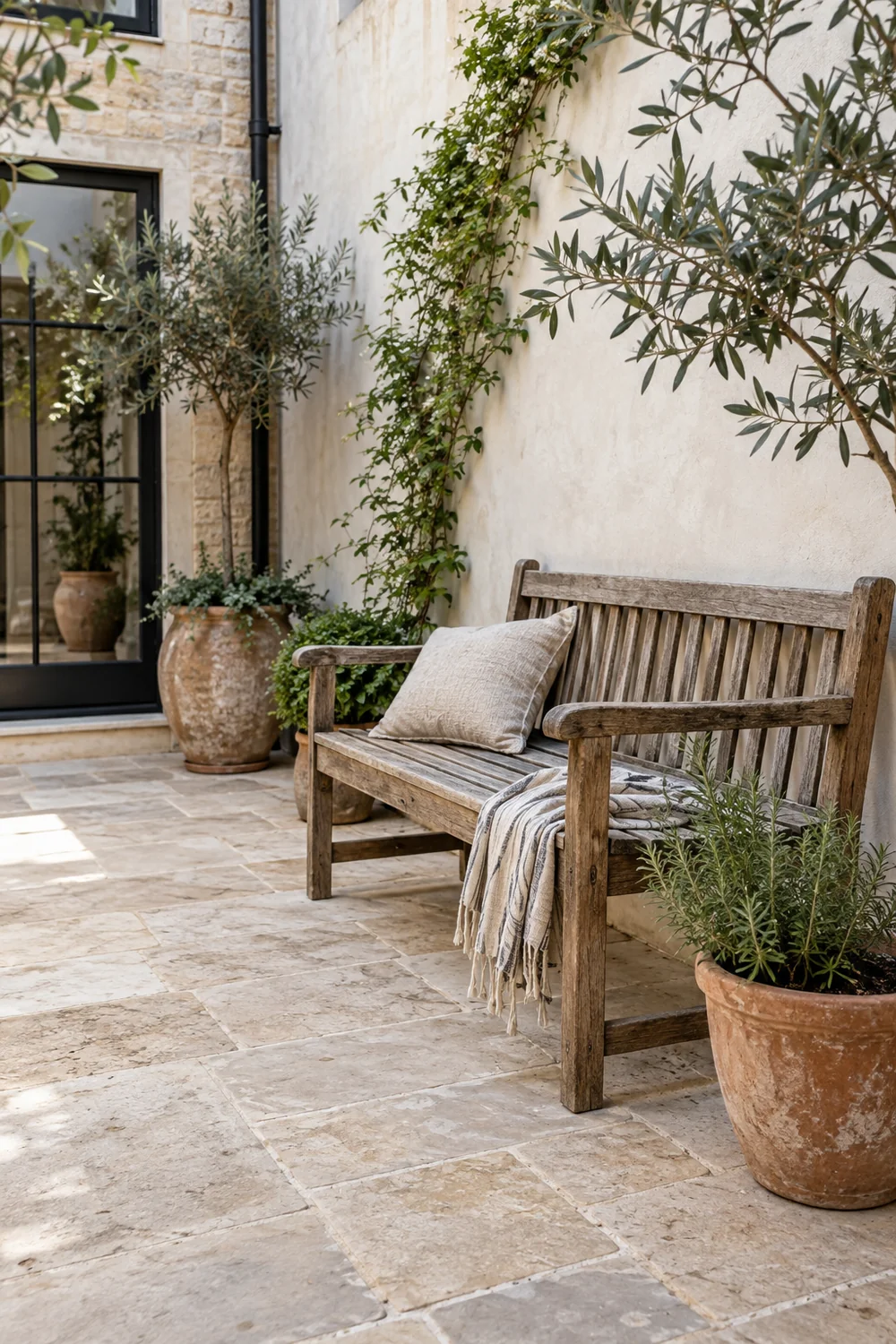 Narrow Mediterranean courtyard with perimeter pots and an uncluttered centre