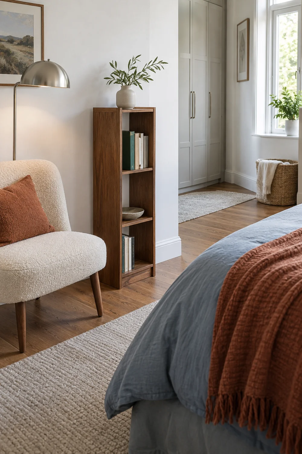 Narrow freestanding book shelf beside a reading chair in a small bedroom