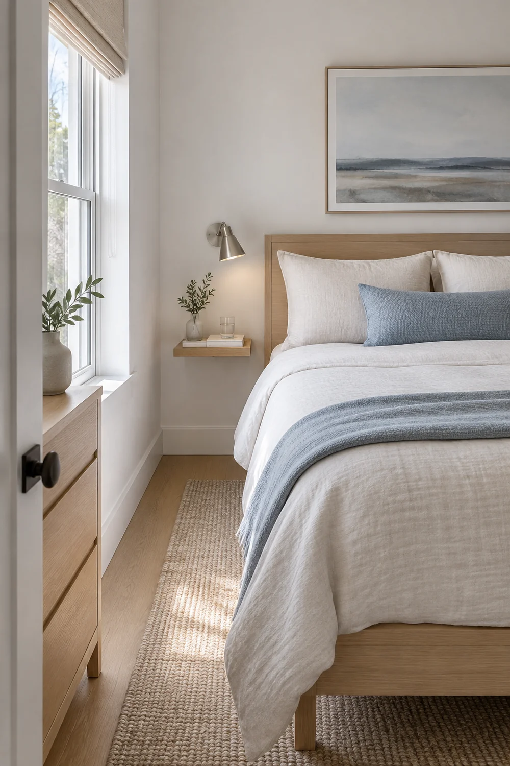 Narrow oak bedside shelf with reading light beside a bed