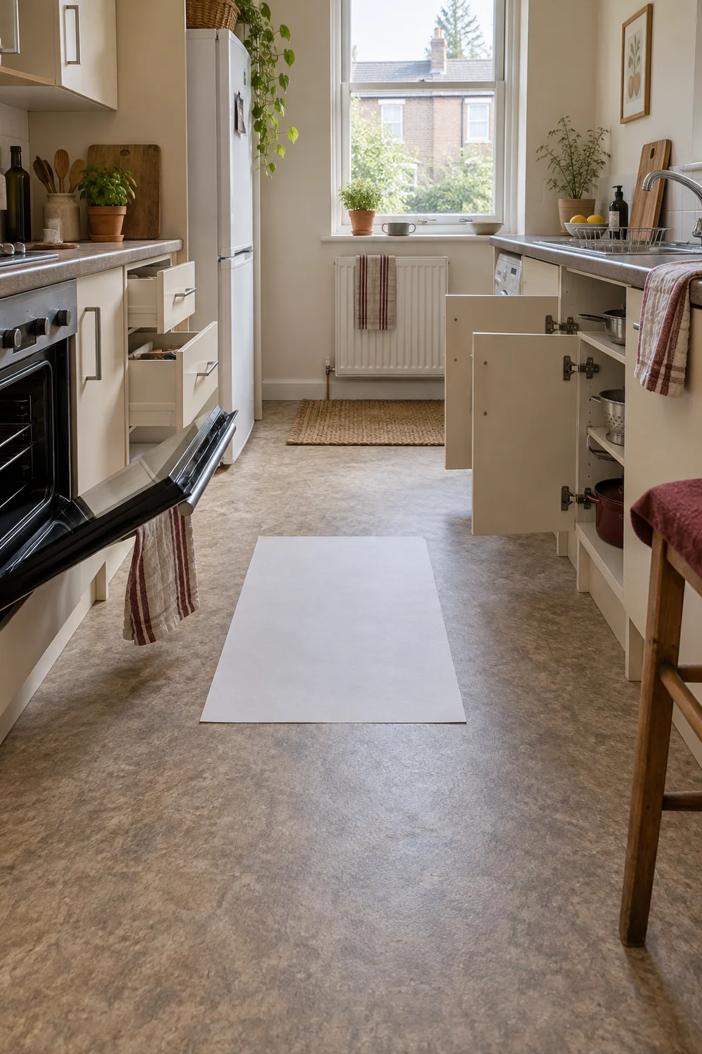 Narrow rental kitchen with clear floor space for a portable dresser