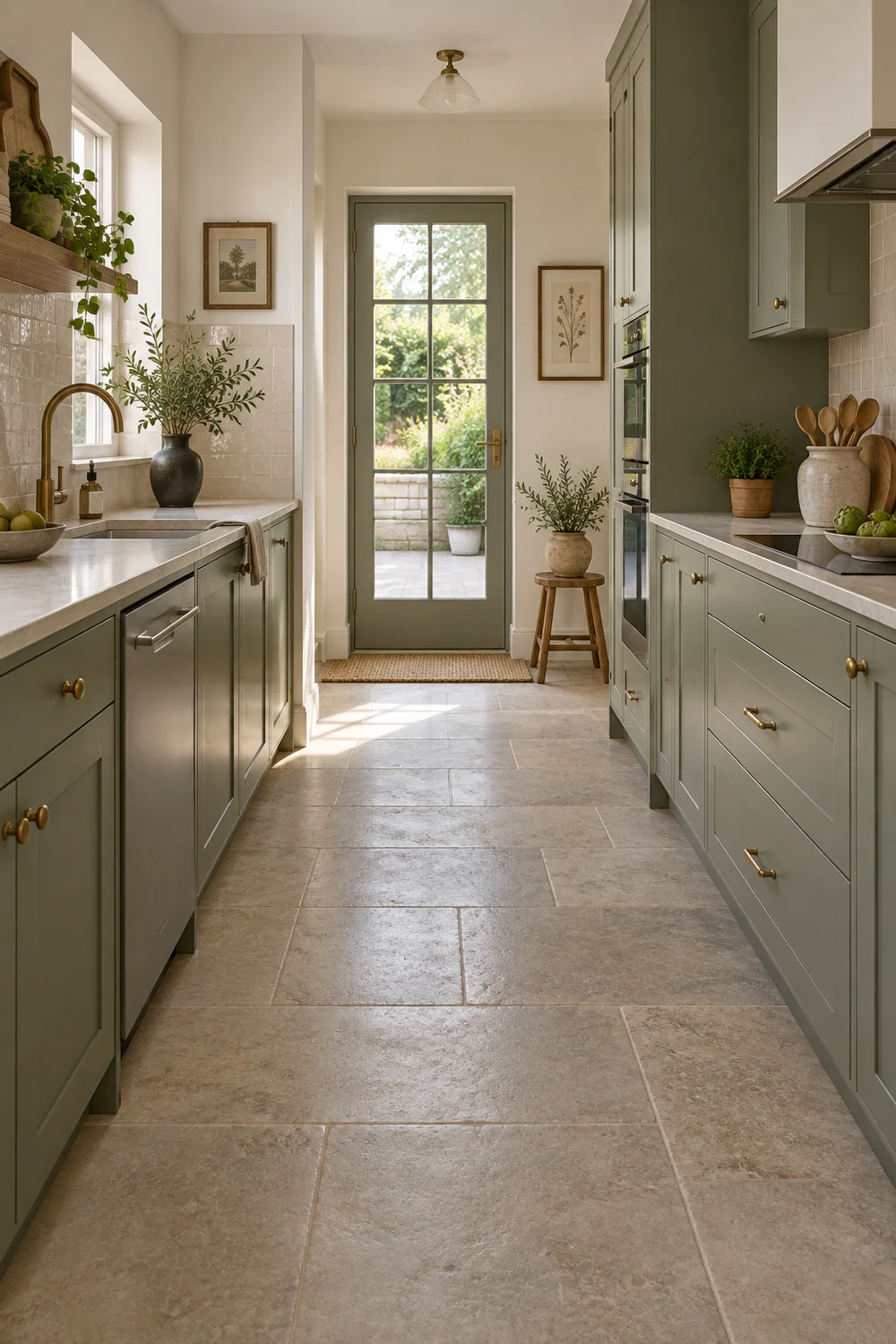 Narrow sage green galley kitchen with an open walking route