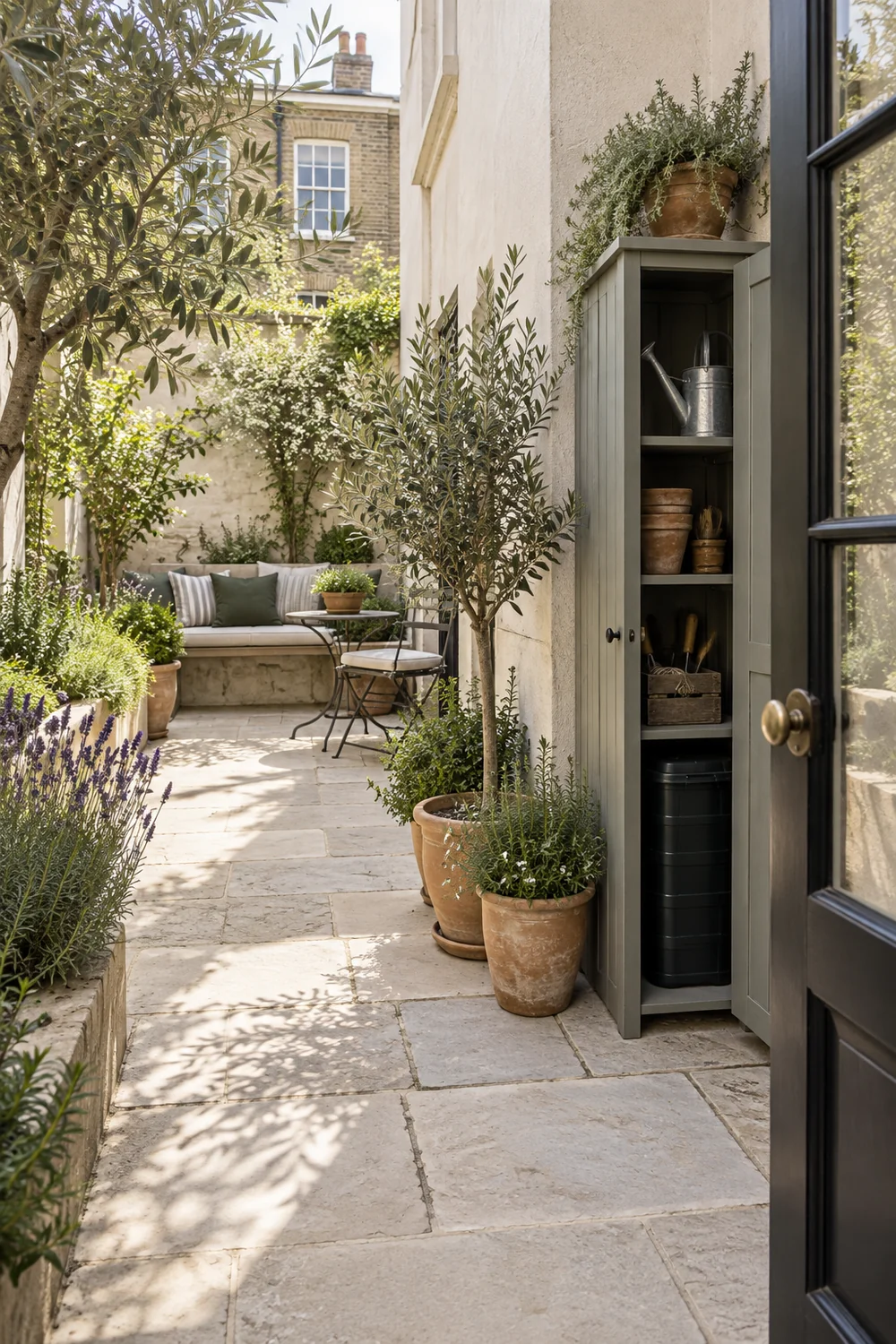Narrow weatherproof garden storage beside a townhouse door and open route