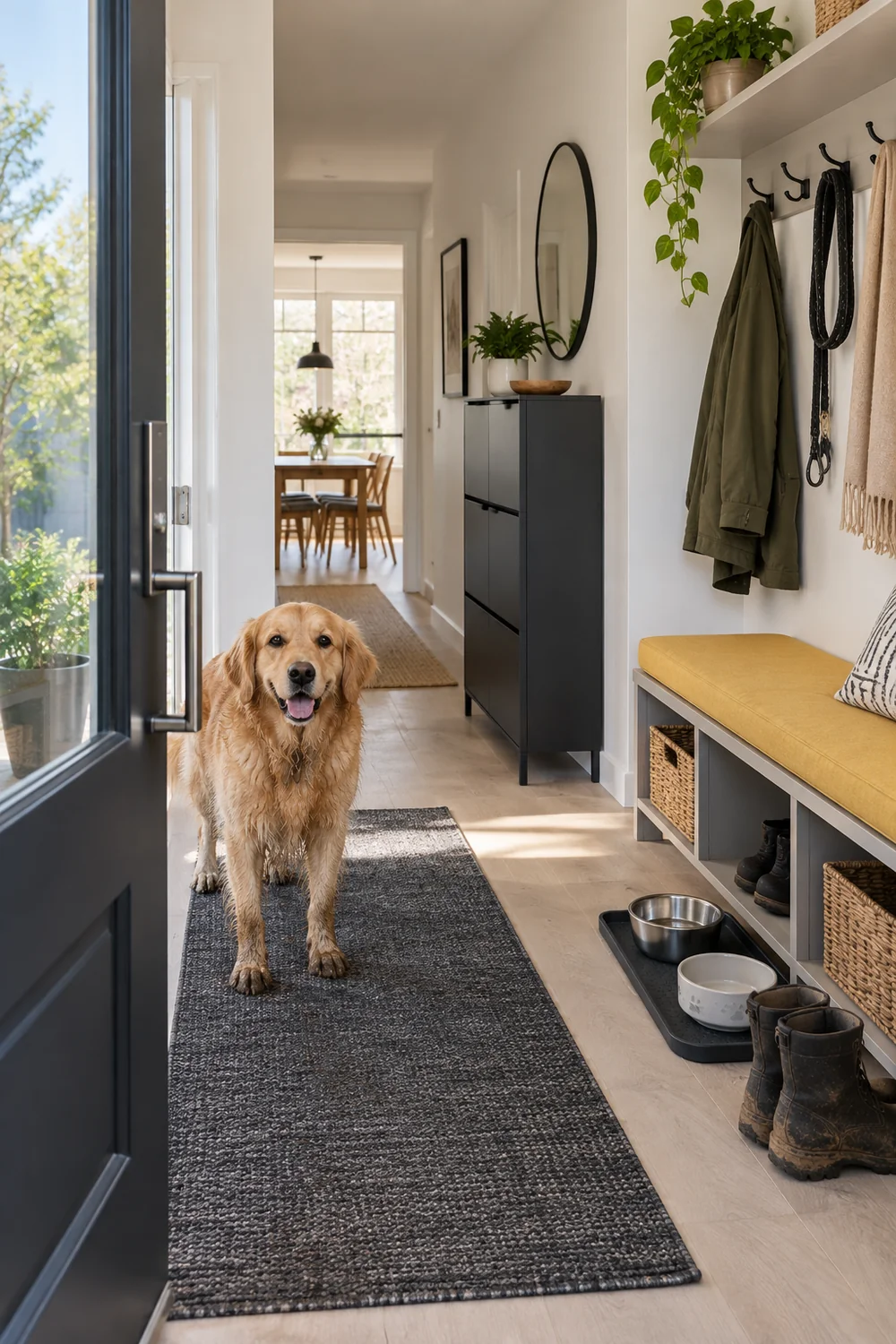 Neat Scandinavian hallway with measured storage and a clear dog walking arrival path