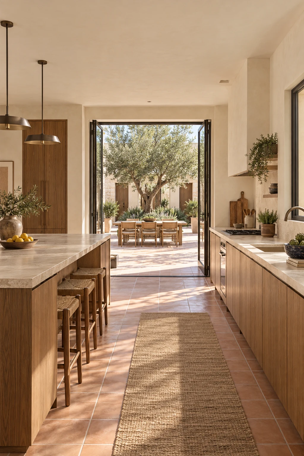 Oak and limestone kitchen opening directly onto the central olive courtyard