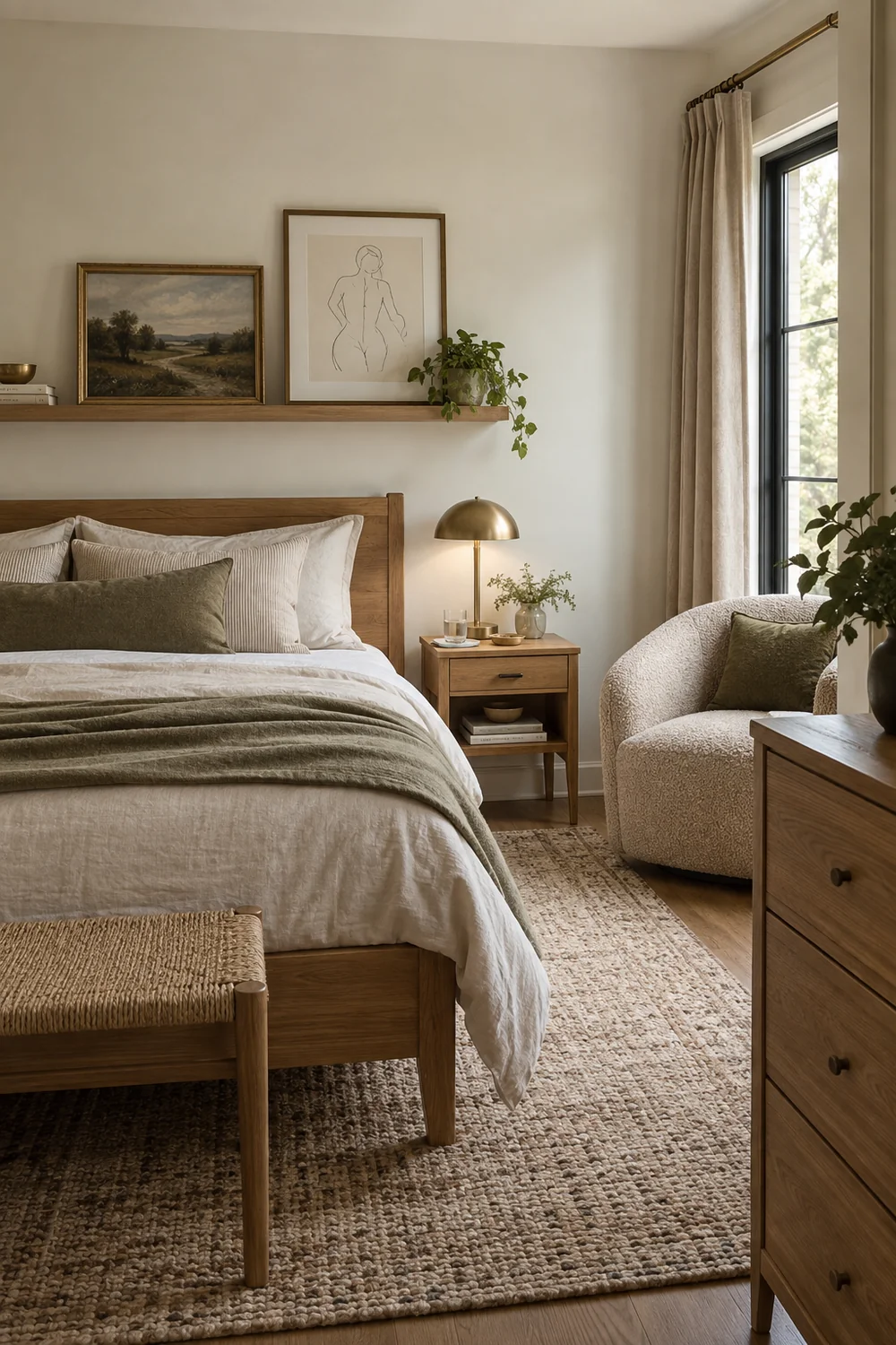 Oak bed beside an upholstered chair and two framed artworks