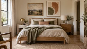 Oak bed between different bedside pieces in a bright shared modern bedroom
