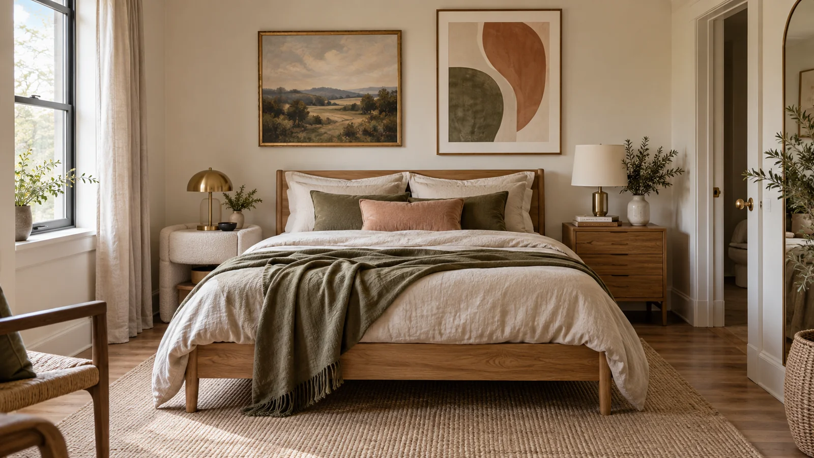 Oak bed between different bedside pieces in a bright shared modern bedroom