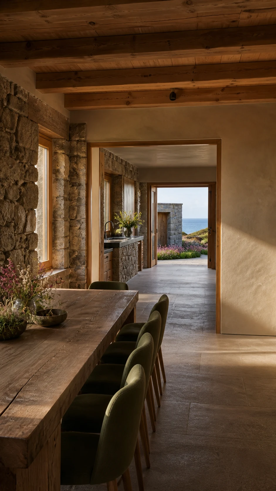 Oak dining passage opening to the sea