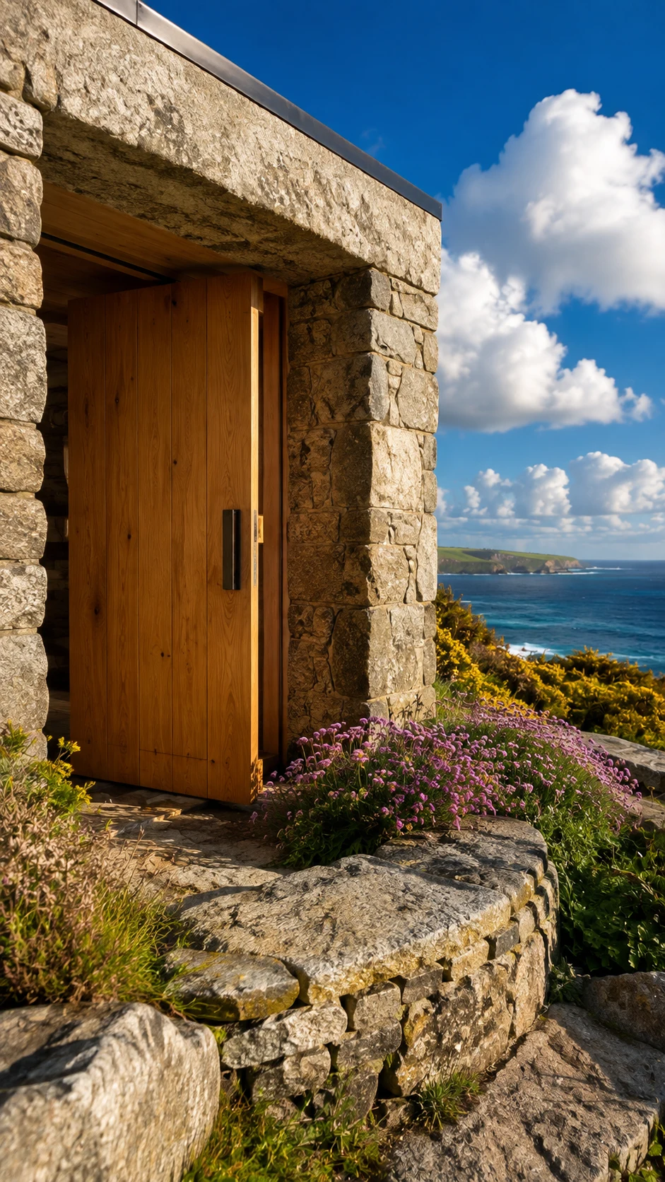 Oak entry door framed by coastal stone
