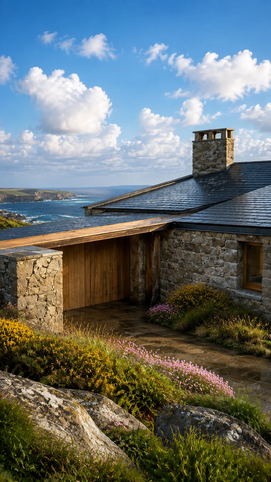 Oak front door in a granite opening