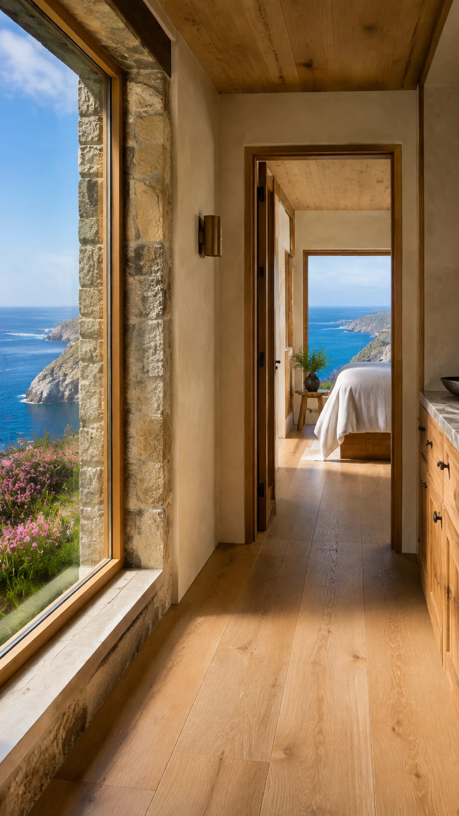 Oak gallery corridor with cobalt sea view