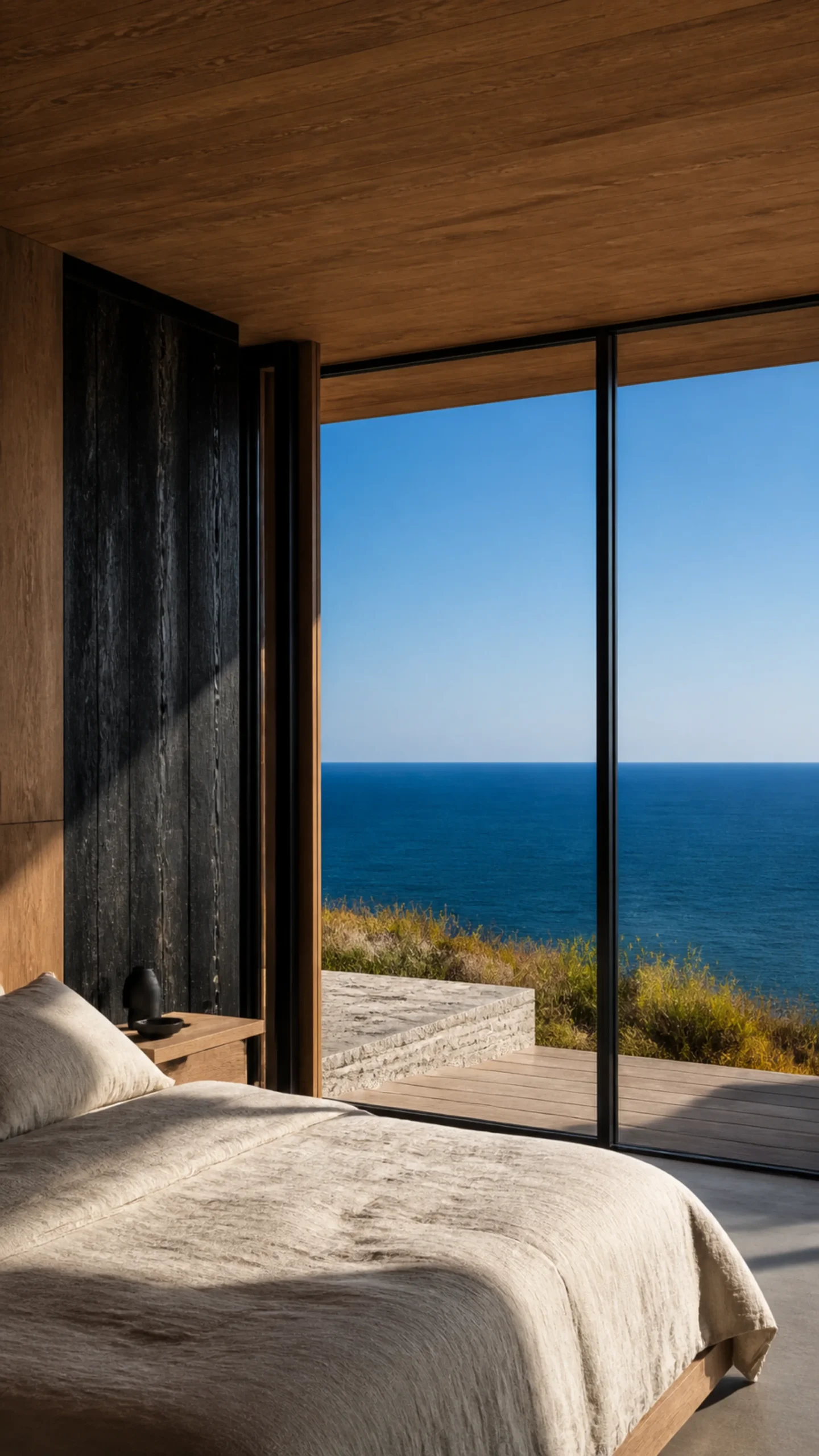 Oak lined bedroom with linen bed black window frame and open view to the Aegean An original fictional editorial architecture study of material landscape light and spatial view.....