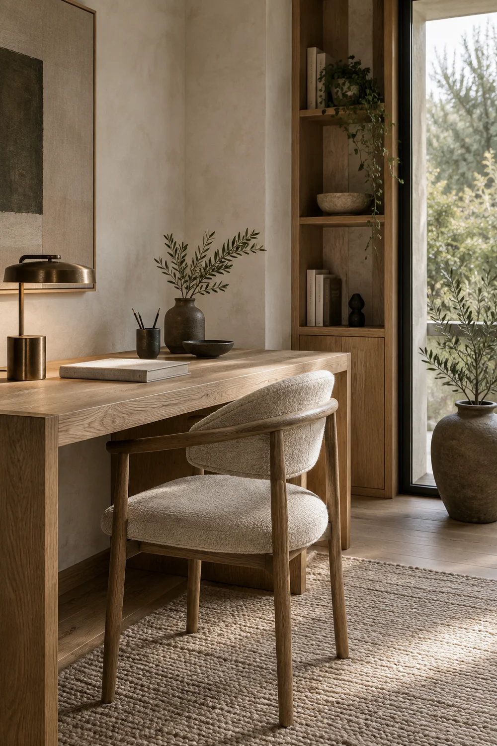 Oak linen wool and ceramic materials for a Japandi study room