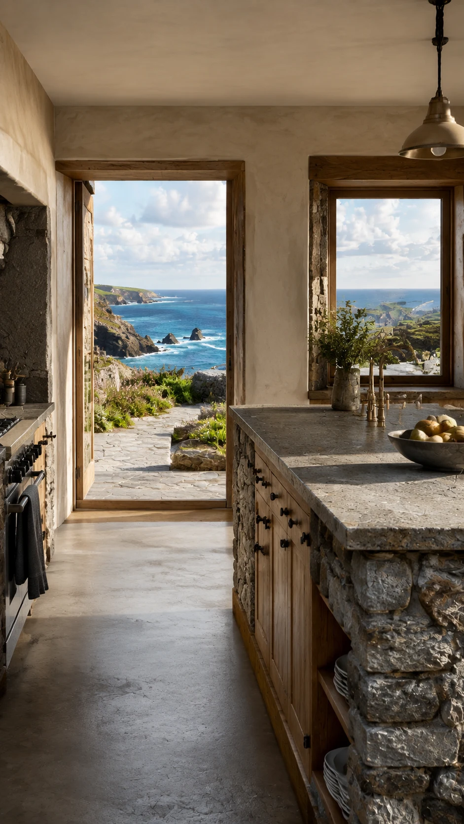 Oak outdoor passage framing the coast