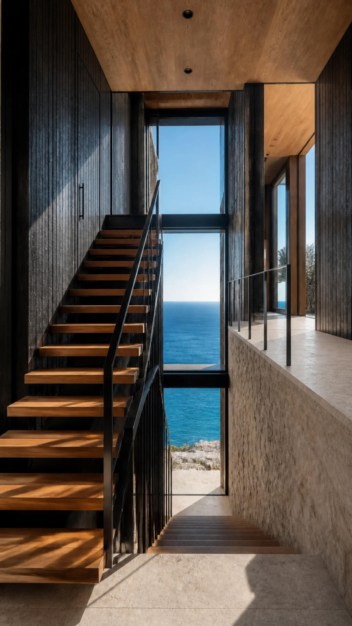 Oak stair gallery with black railing widened landing and tall central ocean view An original fictional editorial architecture study of material landscape light and spatial view....
