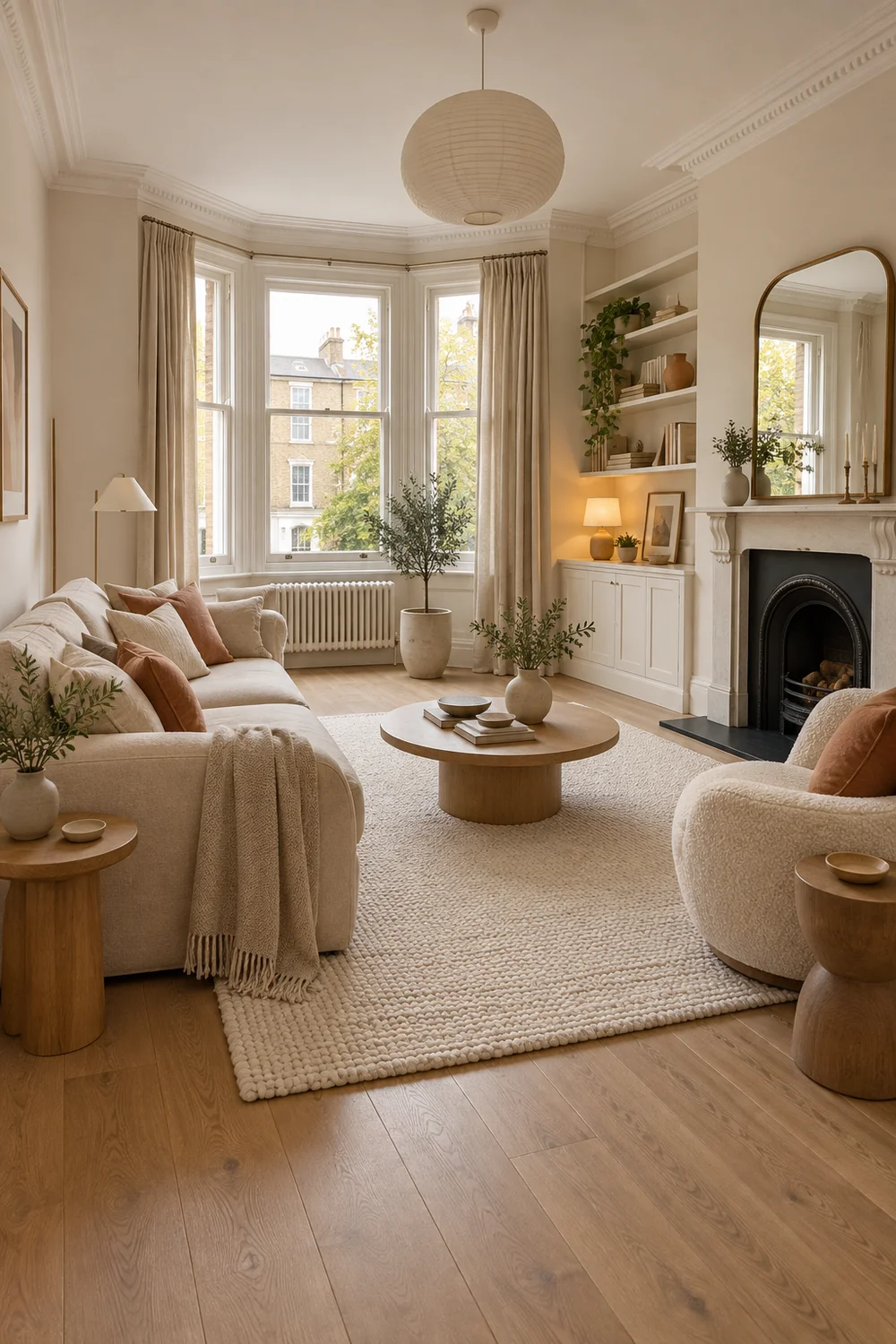 Oat sofa and movable chair grouped around an ivory rug