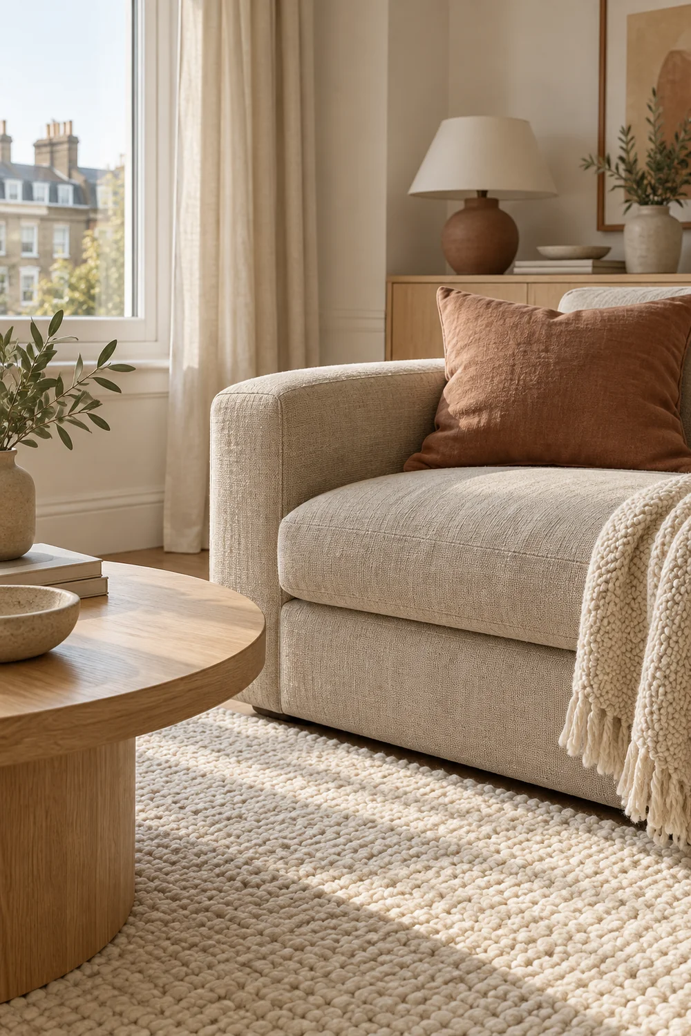 Oat sofa upholstery beside an ivory rug and oak table
