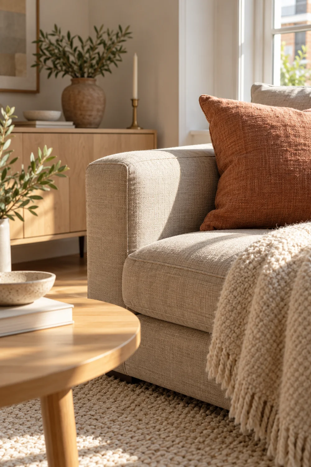Oat upholstery clay cushion and ivory wool rug texture