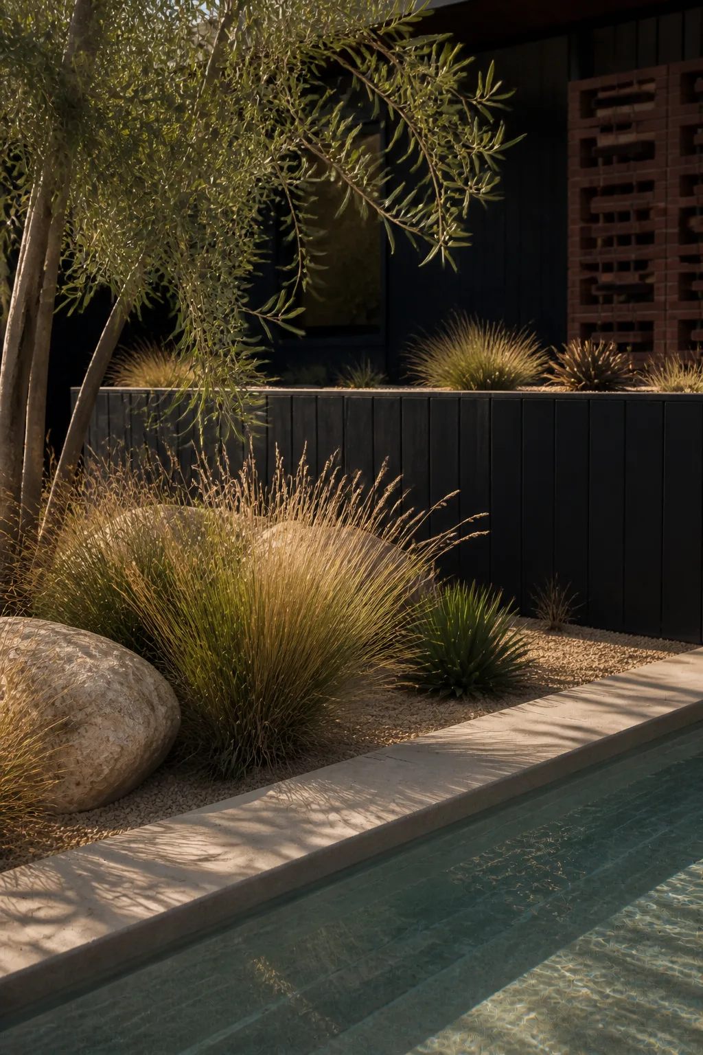 Olive branches, desert grasses, pale pool edge, black timber and red brick in the Palm Springs garden.