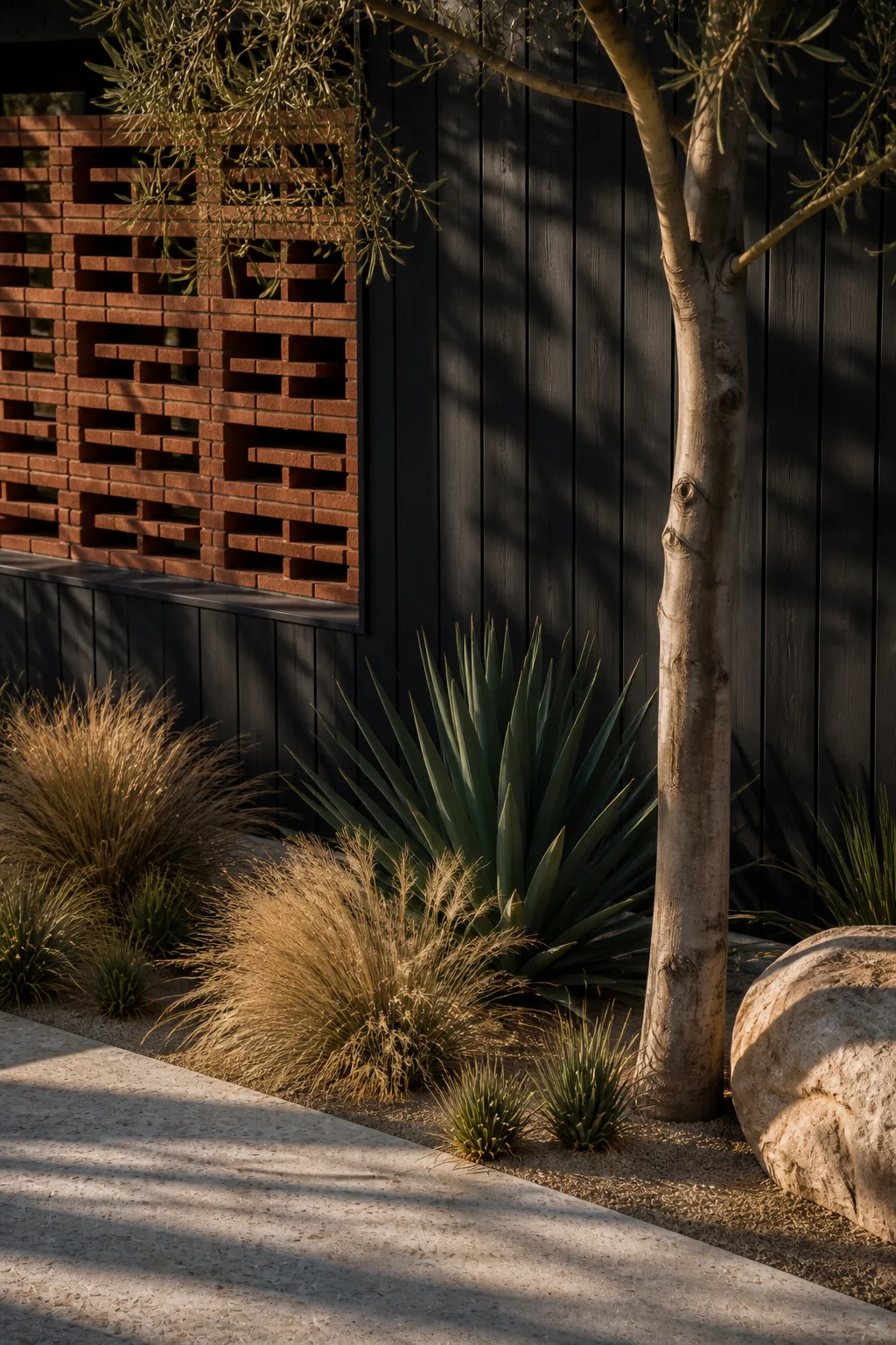 Olive branches, desert grasses, red brick breeze block and black timber in the Palm Springs courtyard.