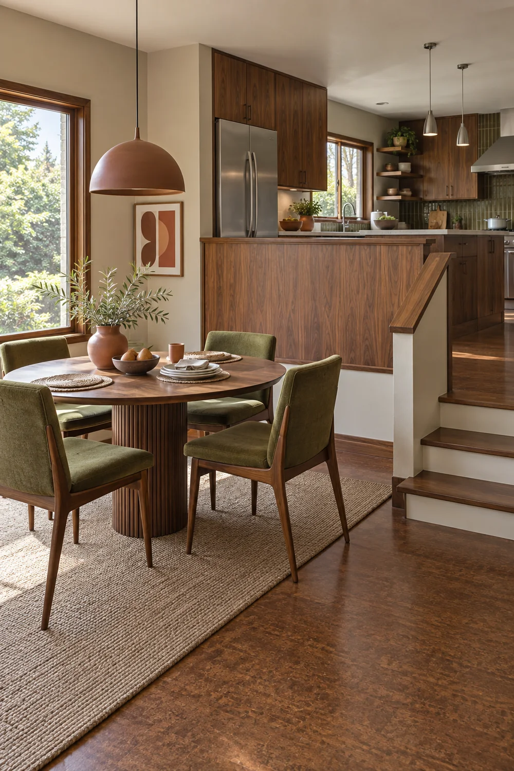 Olive dining chairs beside a stepped walnut kitchen