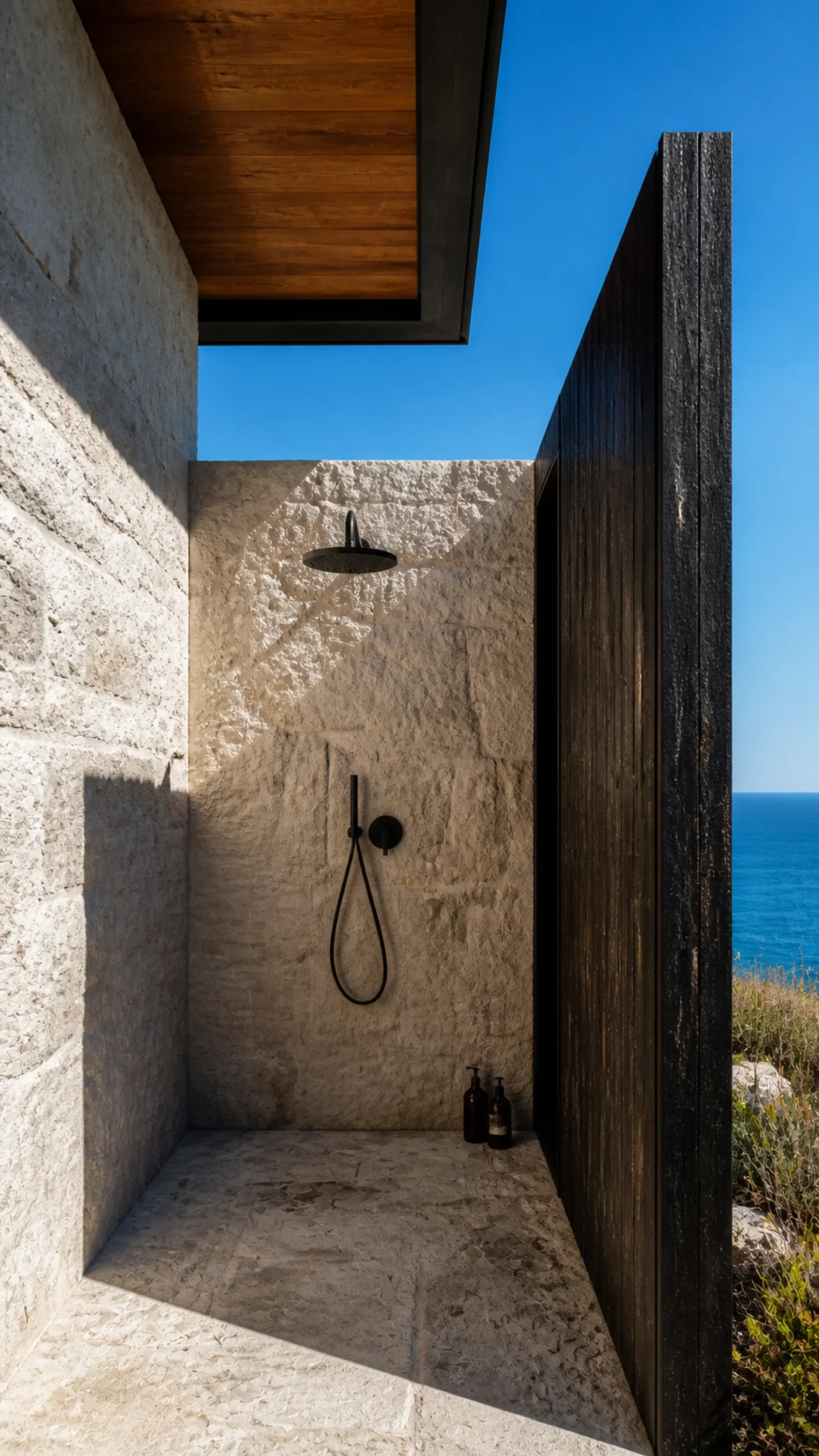 Open air limestone shower court with black cedar screen and bright blue sky An original fictional editorial architecture study of material landscape light and spatial atmosphere on