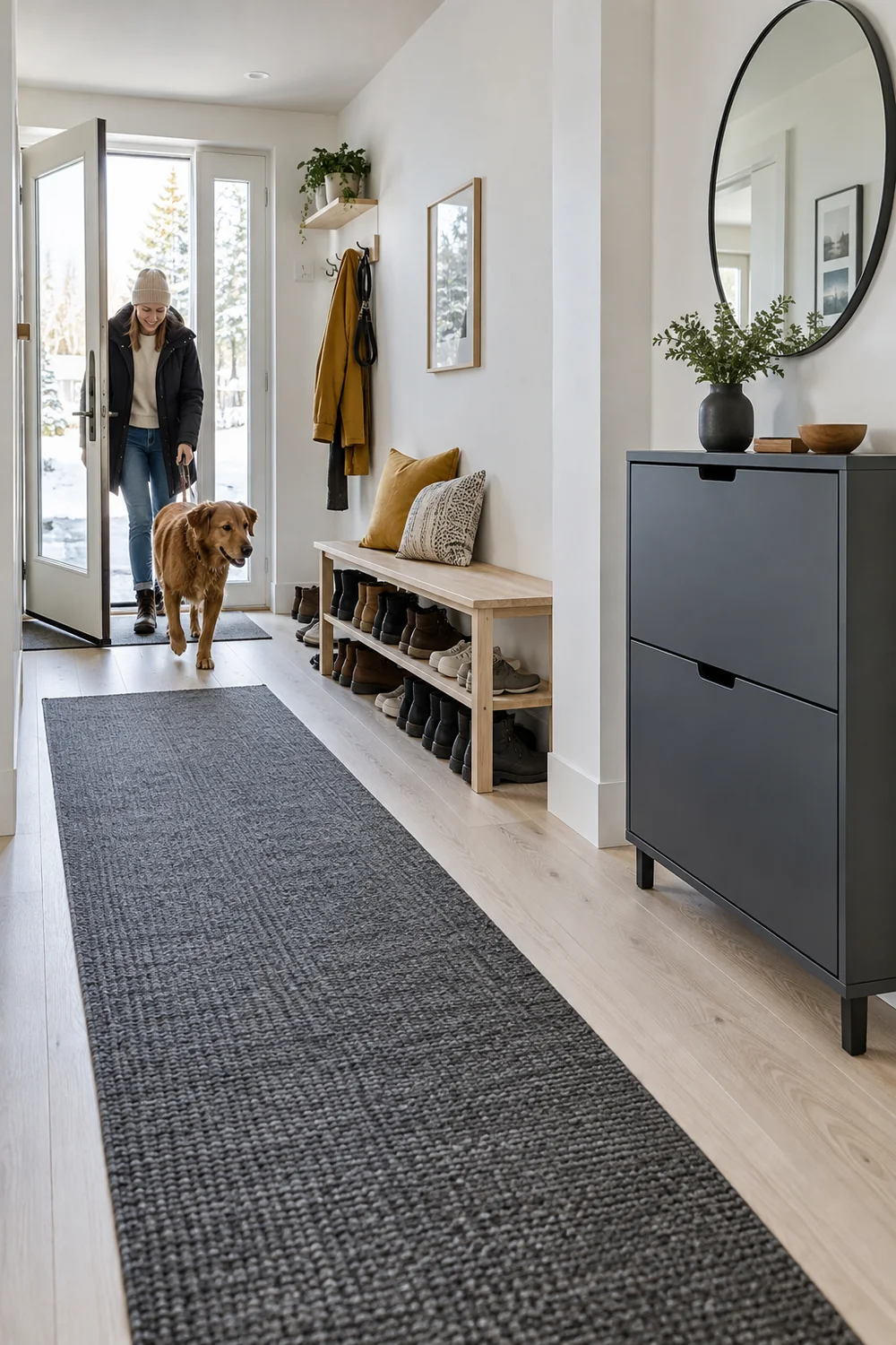 Open birch bench compared with a compact closed shoe cabinet in the same bright hallway