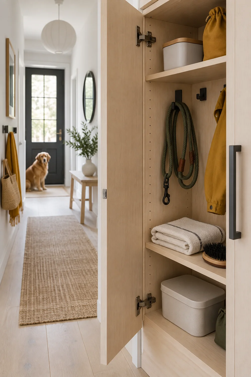 Open birch cabinet holding folded towels and spare dog leads beside a clear hallway floor