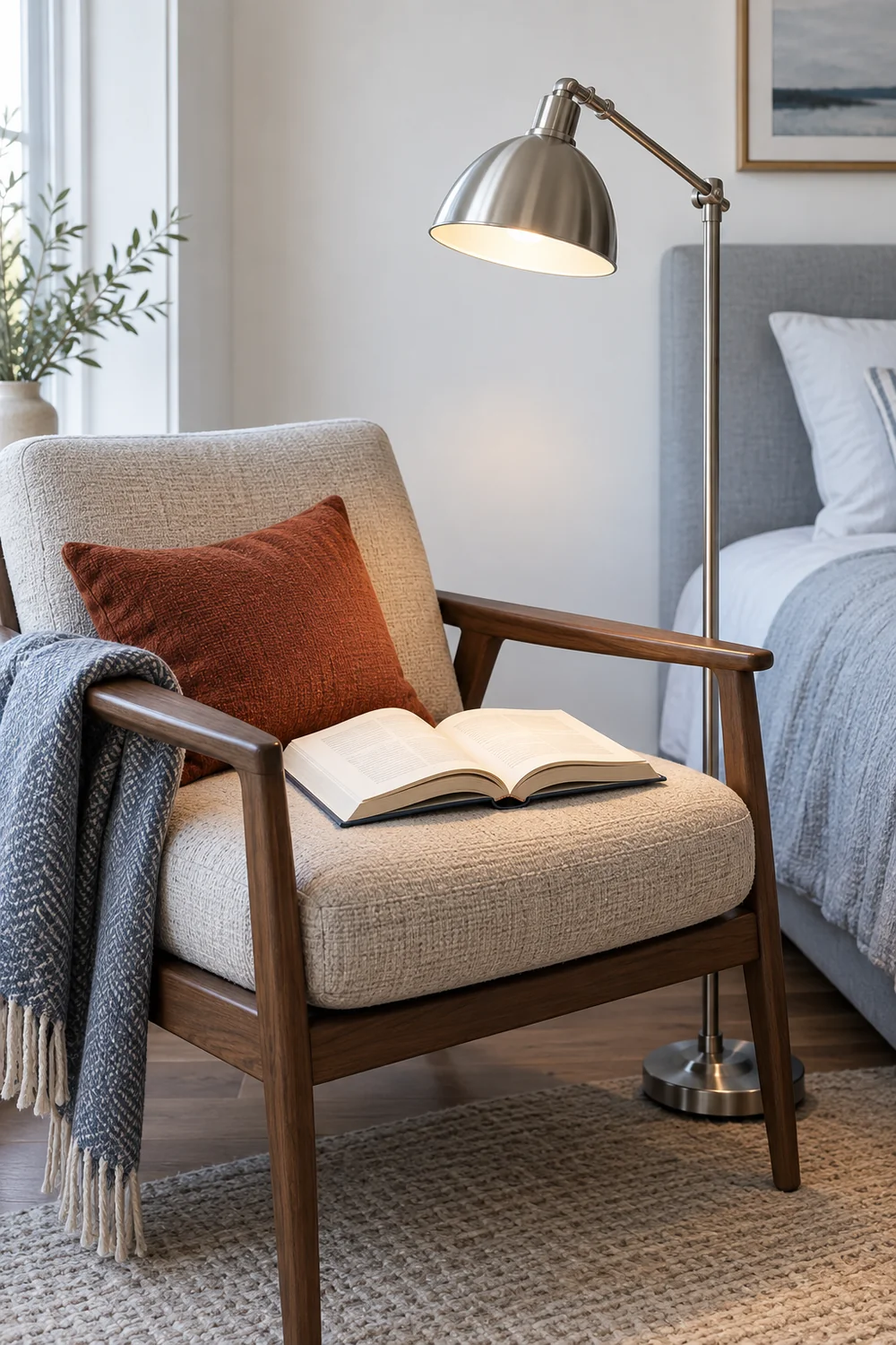 Open book on a compact reading chair beneath an adjustable floor lamp