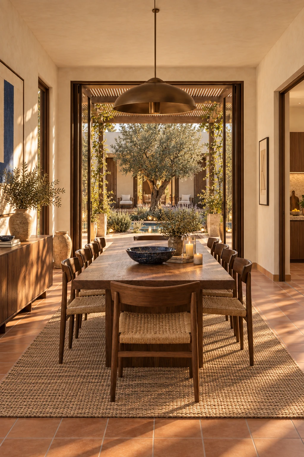 Open dining room table beside the courtyard as warm evening light enters